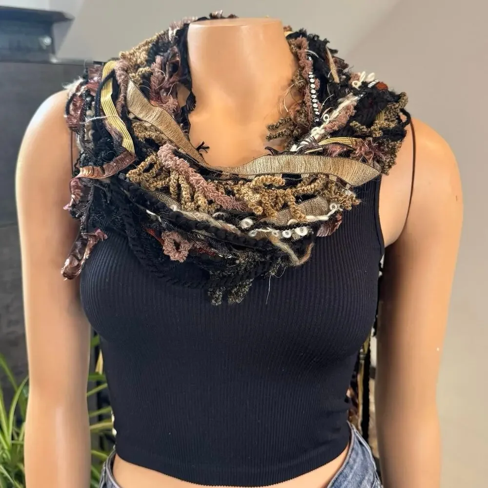 VTG Scarves of Westwood Ribbon Yarn Extra Long Skinny Scarf Boho Rhinestone